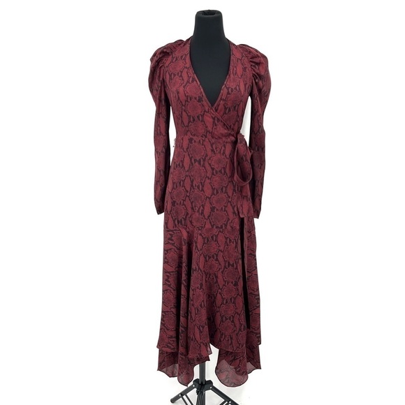 ALC RED SNAKESKIN SILK LONG PUFF SLEEVE RED HOLIDAY TIANNA WRAP MIDI DRESS - Picture 1 of 11